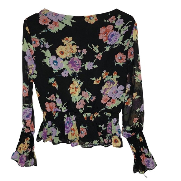 NWT WAYF Womens Chiffon Black Floral Blouse Top‎ Size Small Long Sleeve Smocked - Picture 3 of 8